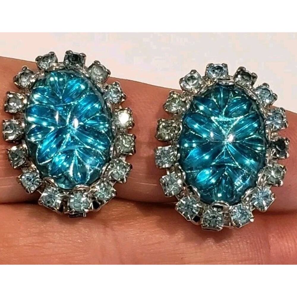 Vintage Earrings Big Molded Glass Cabochon & Rhinestone Judy Lee 1950s Sparkle
